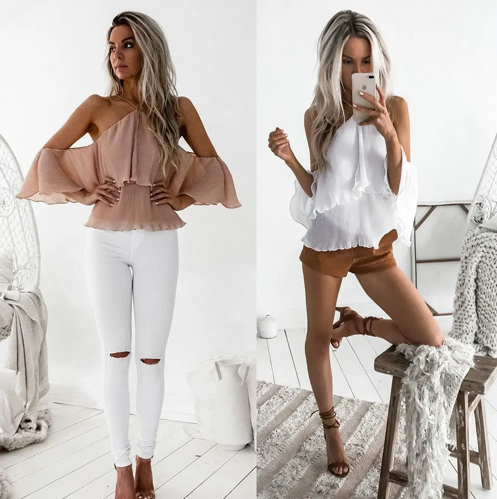 Женская блузка с открытыми плечами и лямкой через шею модная повседневная