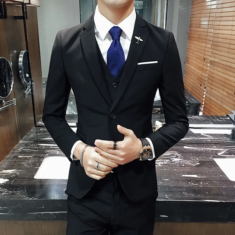 

Mens 3 Pieces Blazers Pants Vest Suit Fashion Solid Color Business Suit Set Wedding Groom Casual Wear Terno Slim Masculino