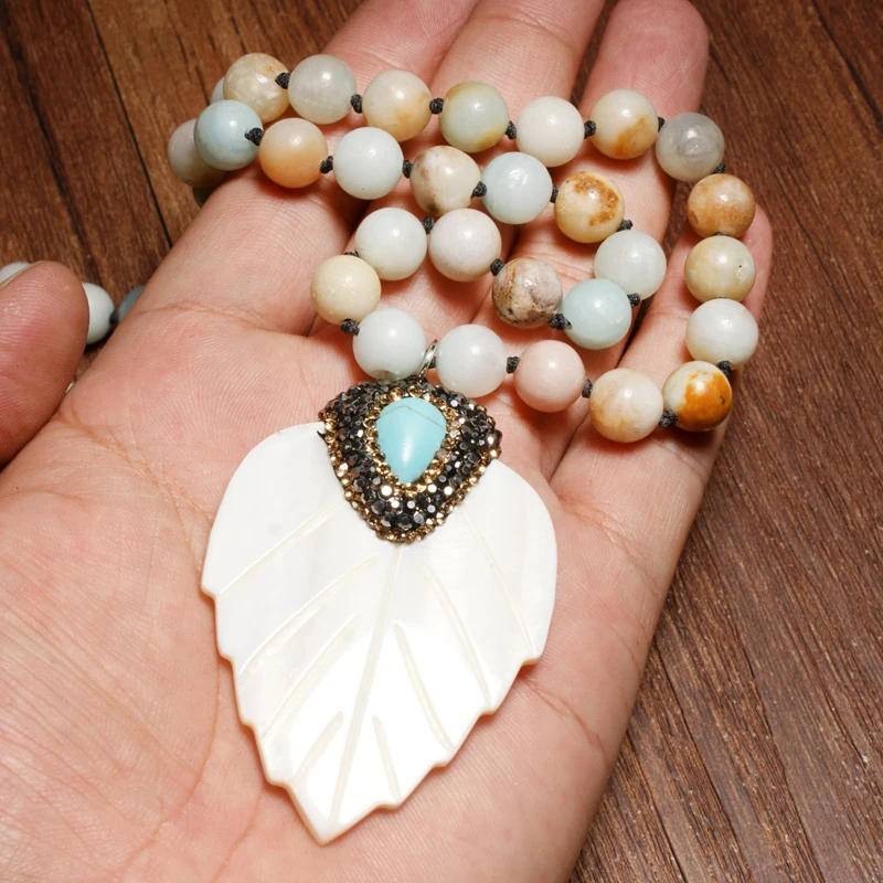 MOON GIRL 8MM Amazonite Stone Handmade Leaf Shape Necklaces Pendants Ethnic Unique Statement Vintage Necklace for Women Collares