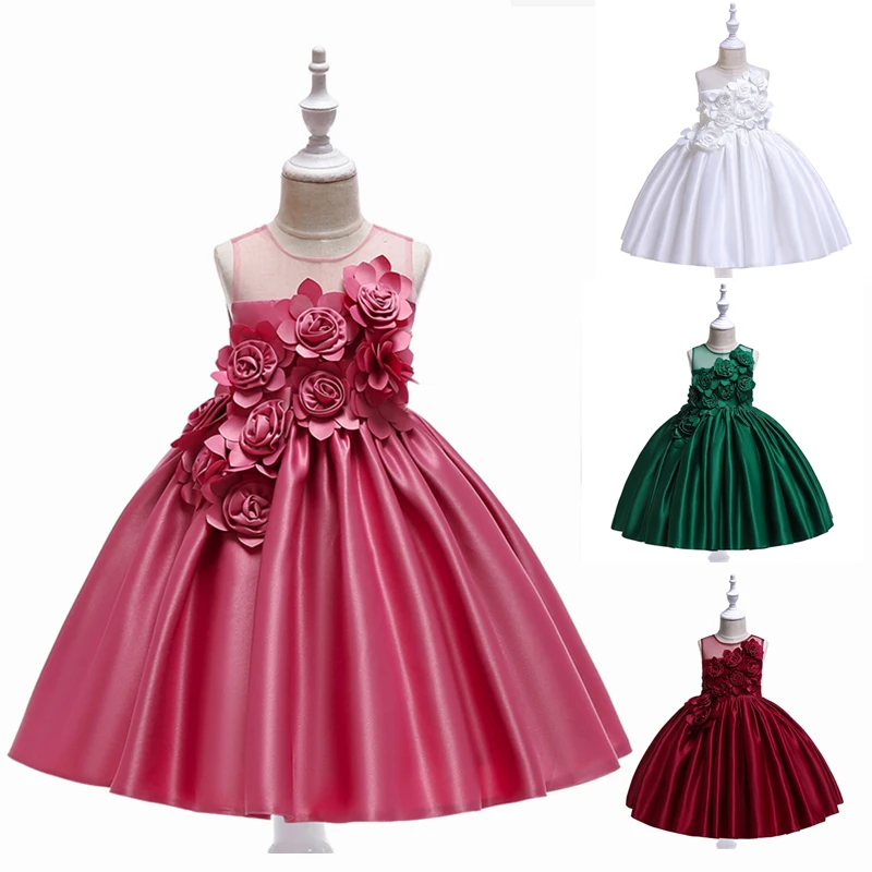 Шелковое платье принцессы с объемной цветочной вышивкой для маленьких девочек