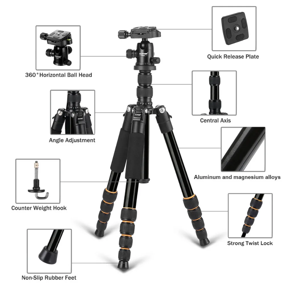 Original ZOMEI Portable Q666 Professional Travel Camera Tripod Monopod Aluminum Ball Head Compact for Digital SLR DSLR | Электроника