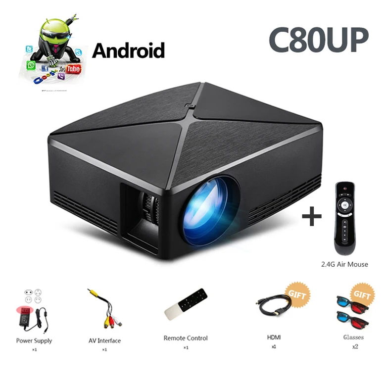 C80UP-Black-FS ALSTON HD мини-проектор C80/C80UP, разрешение 1280x720, Android wifi Proyector, светодиодный, портативный HD мультимедийный проектор для домашнего кинотеатра - Цвет: C80UP-Black-FS