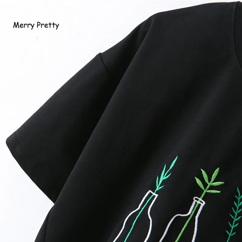Merry Pretty Harajuku летняя черная футболка Бутылка для женщин растения вышивка хлопок укороченный Топ короткий панк рукав короткие футболки Топ