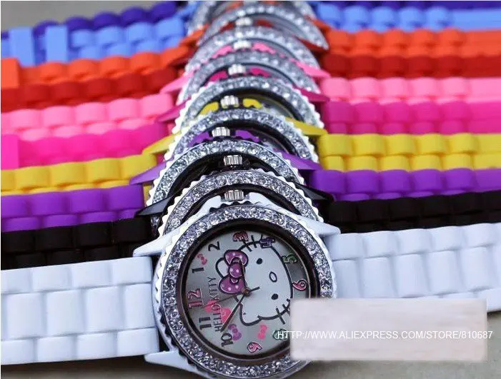 10pcs/lot Free ship by HK post Diamond crystal Hello kitty Silicone Band Quartz Wrist Watch For Unisex Gift 7 Color Available |
