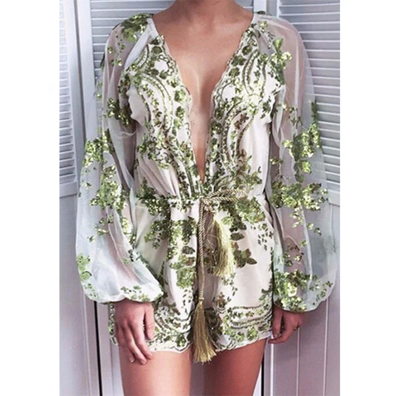 2017 летний женский комбинезон с блестками глубокий v-образный вырез повседневный