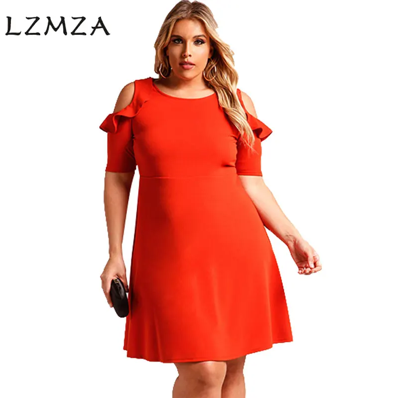 LZMZA Ruffles dress 2018 summer women short Sleeve Casual large size party O neck plus A-Line vestido de festa | Женская одежда