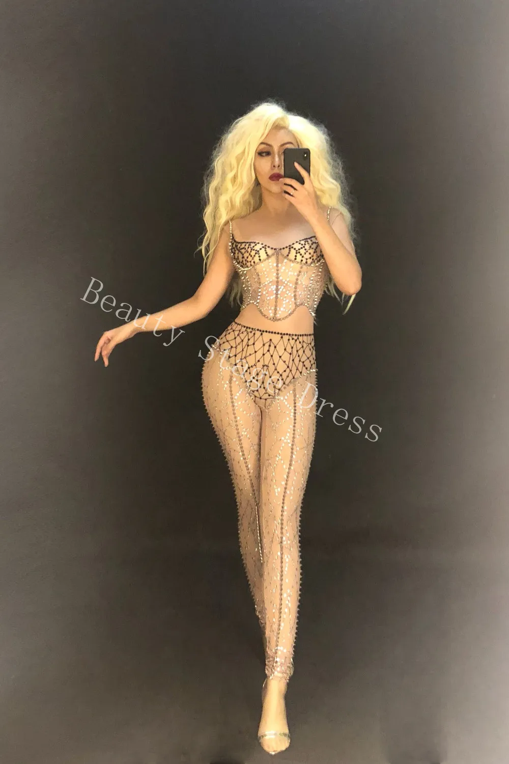 Женский Блестящий Комбинезон со стразами и заклепками боди для вечеринки на день