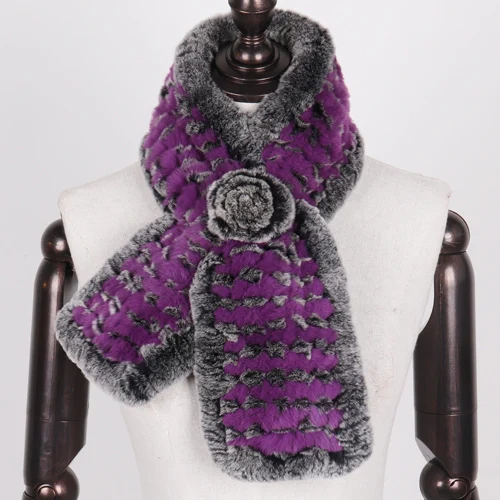 PURPLE AND GREY Горячая распродажа женский настоящий шарф из меха кролика рекс натуральный мягкий мех кролика Рекс Глушитель женский модный вязаный шарф из меха кролика рекс - Цвет: PURPLE AND GREY