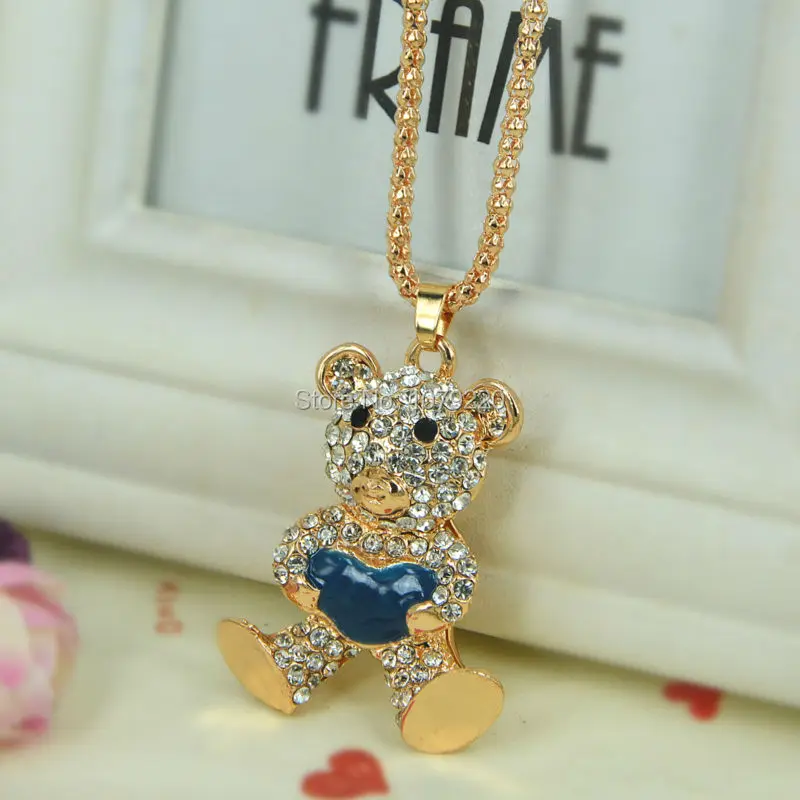 Женское длинное ожерелье с подвеской в виде сердечка медведя|crystal heart pendant