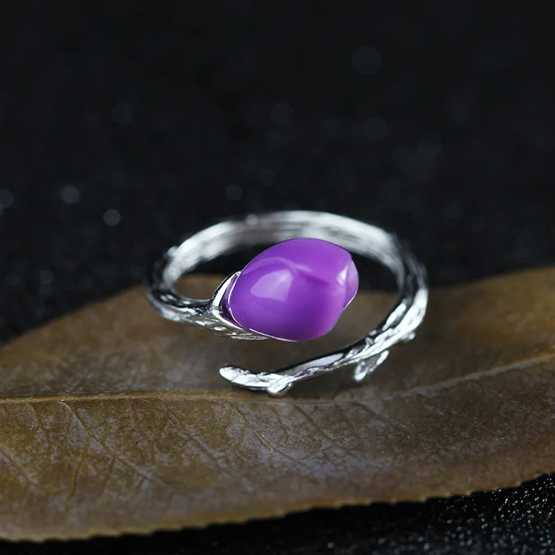 S925 pure silver jewelry, pure handmade purple mica, tulips ring, fashionable hand ornaments