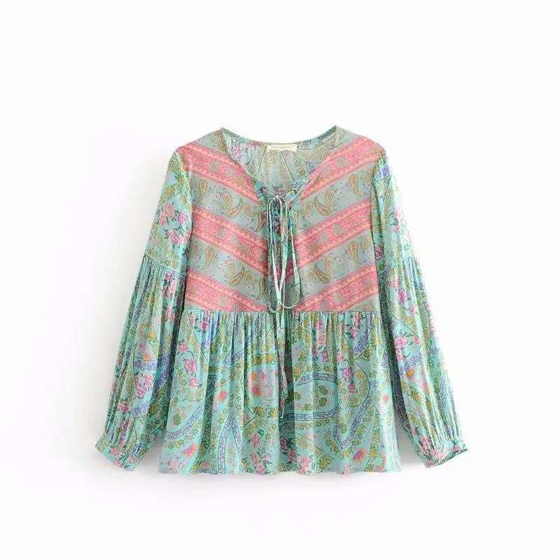 Khale Yose летняя блузка Топ с длинным рукавом Boho Chic v образным вырезом сексуальные