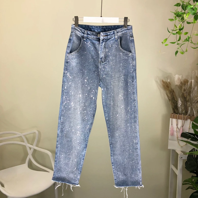 Женские свободные джинсы Nancylim новые модные брюки из денима стразы весна осень