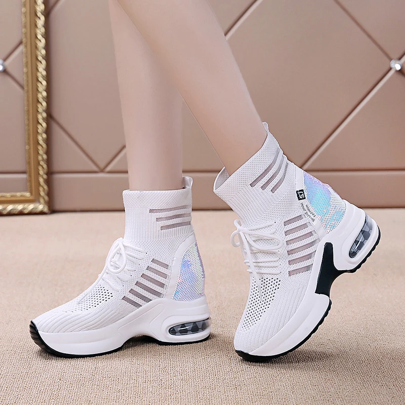 Модная Летняя женская повседневная обувь на платформе с высоким берцем Сетчатая