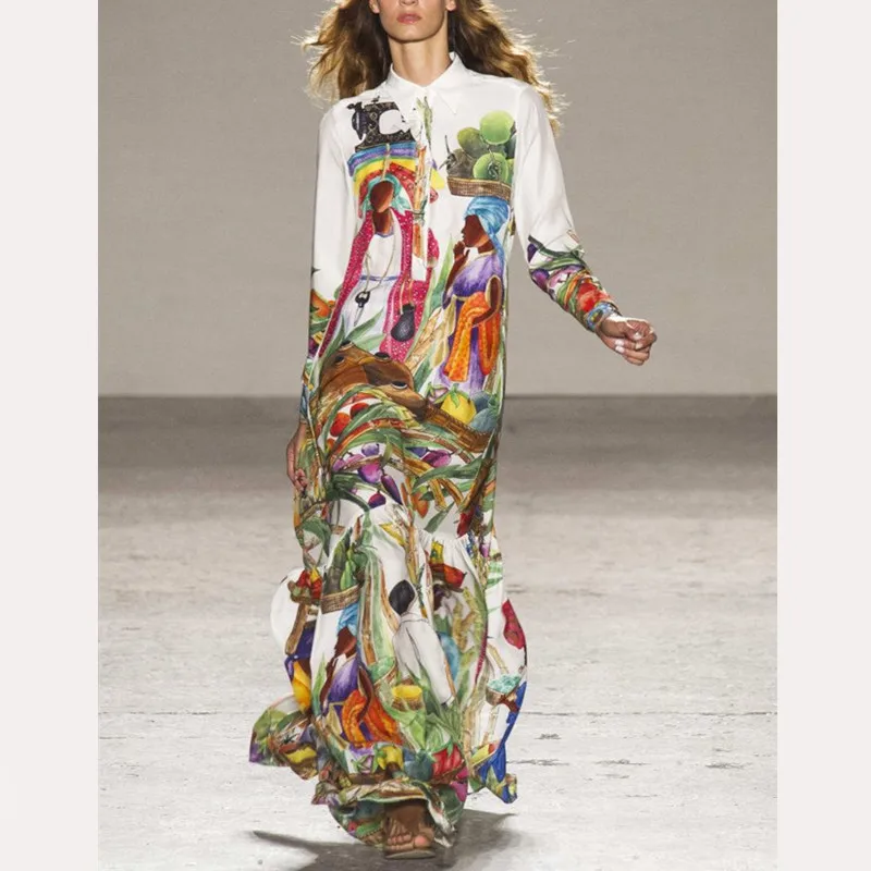 Платье женское длинное с длинным рукавом и отложным воротником фруктовым