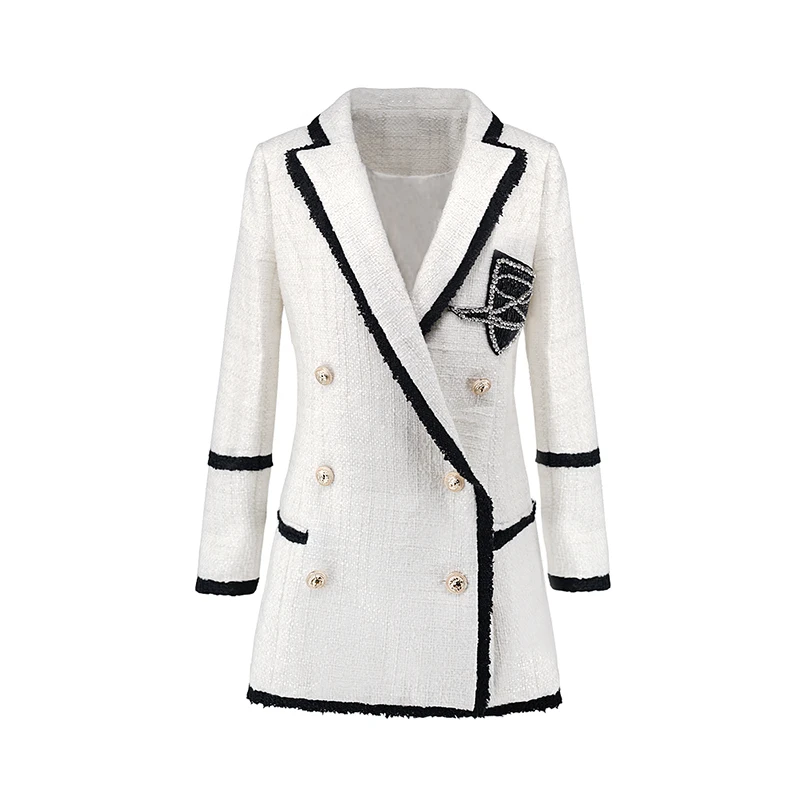 Women High Street Long Jackets Runway Beading Double Breasted Solid Color White Slim Chic Blazers High Quality