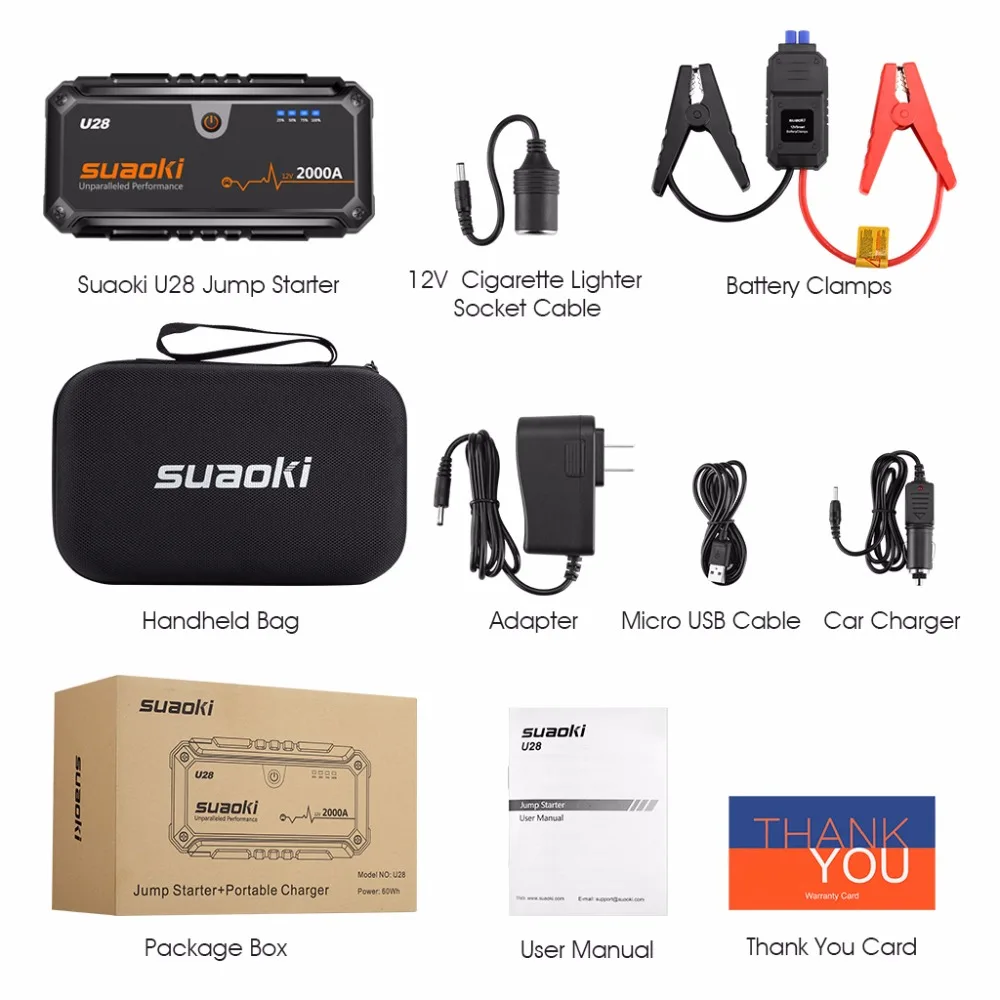 Suaoki U28 2000A пиковый стартовый пакет с двойным USB блоком питания светодиодный