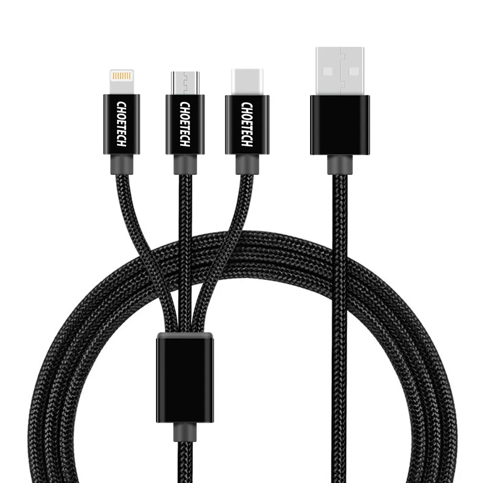 CHOETECH 3 в 1 Кабели для мобильных телефонов для iPhone 8/8 Plus нейлоновый Кабель Micro-USB в оплетке type C для samsung S8 S9 кабели для зарядки - Цвет: Черный