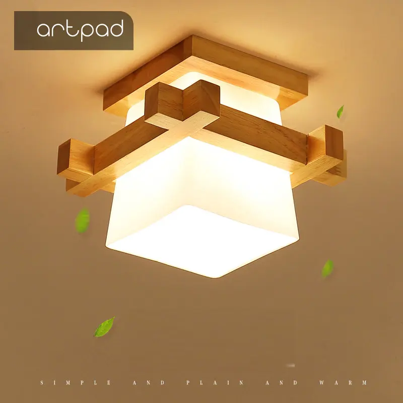 

Artpad Tatami Japanese Ceiling Light for Home Lighting Glass Lampshade E27 LED Ceiling Lamp Wood Base Hallways Porch Fixtures