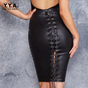 Женская юбка с высокой талией, черная облегающая юбка из искусственной кожи, узкая юбка-карандаш для клувечерние, осенняя уличная одежда, бесплатная доставка