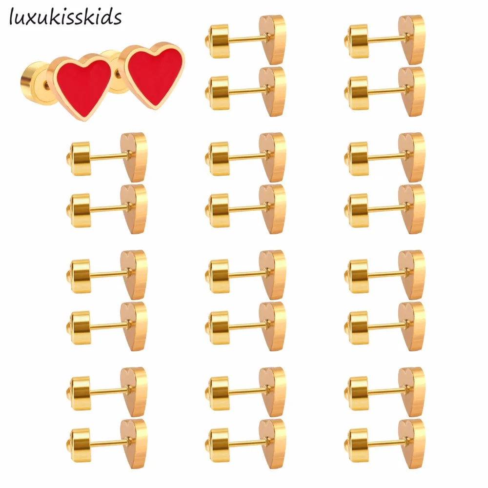 LUXUKISSKIDS золото/сталь серьги гвоздики в форме сердца Завинчивающаяся задняя