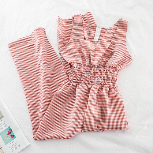 pink jumpsuit Woherb, летние Широкие штаны, женский комбинезон без рукавов, клетчатый комбинезон, корейский Повседневный женский комбинезон, Длинные Комбинезоны - Цвет: pink jumpsuit