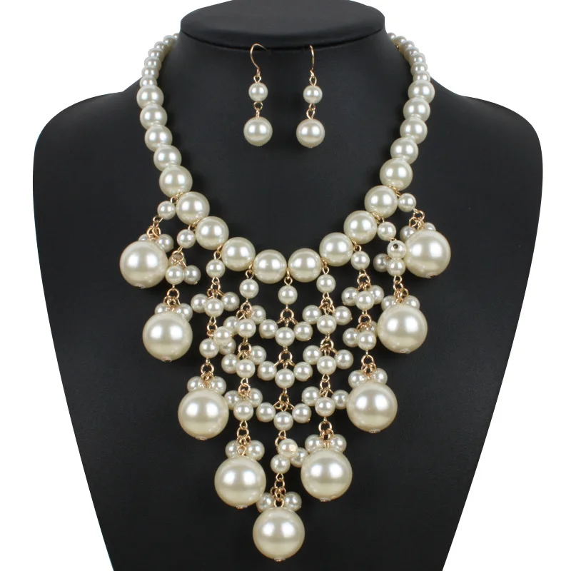 

Costume necklace and earrings statement tassel temperament pearl pendant wedding party jewelry set for woman