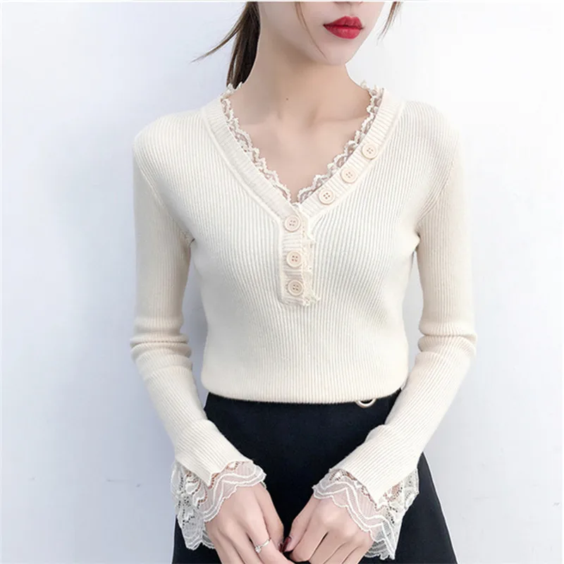 2019 Autumn Winter V-neck Knitted Pullover Sweater Lace Stitch Trumpet Sleeve Sweaters Plus Size Women Jumper Pull Femme R311 | Женская
