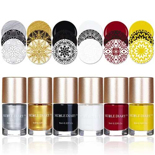 6 Bottles Set 1 NICOLE DIARY 6 4 2 бутылка стемпинг ногтей покрытие лак набор черный белый золотой лак для ногтей Набор для печати ногтей 9 мл - Цвет: 6 Bottles Set 1
