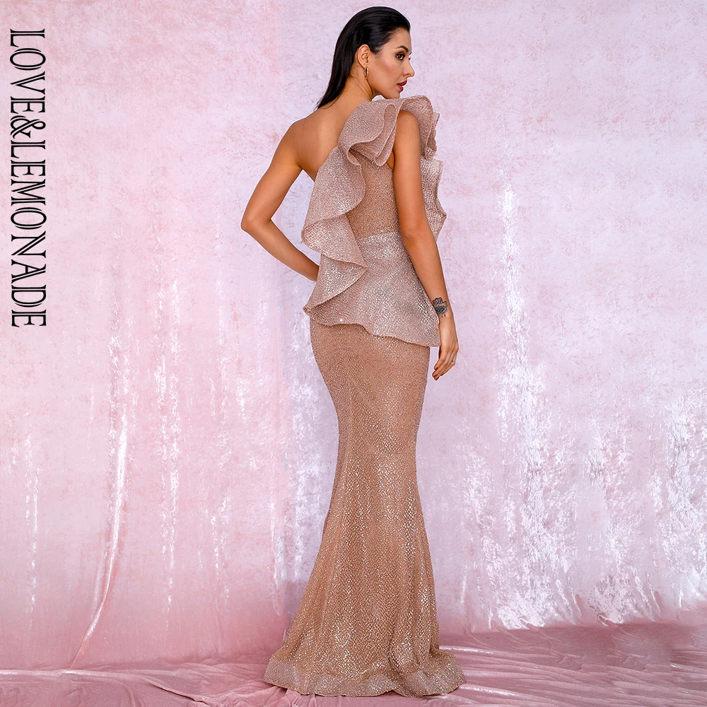

LOVE&LEMONADE Sexy One Shoulder Ruffled Stitch Rose Gold Glitter Material Bodycon Party Maxi Dress LM81886