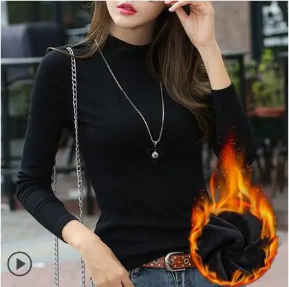 black with fleece Новинка, зимняя футболка, женские топы, футболки с длинным рукавом, женская футболка, одноцветные хлопковые футболки для женщин, Осенние приталенные рубашки - Цвет: black with fleece