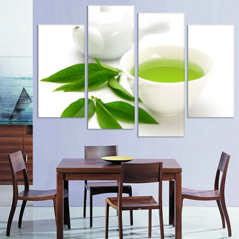 Wall Art 4 Piece Canvas Kitchen Green Tea Painting Home Picture Paint On Prints Decor Cuadros De Lienzo | Дом и сад