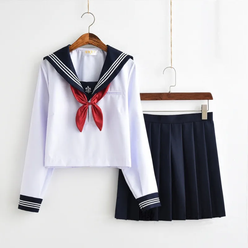 Long Sleeve Set Трайдент вышивка японская школьная форма моряк Униформа темно-синий Стиль студентов Одежда для девочек плюс размер японская школьная юбка - Цвет: Long Sleeve Set
