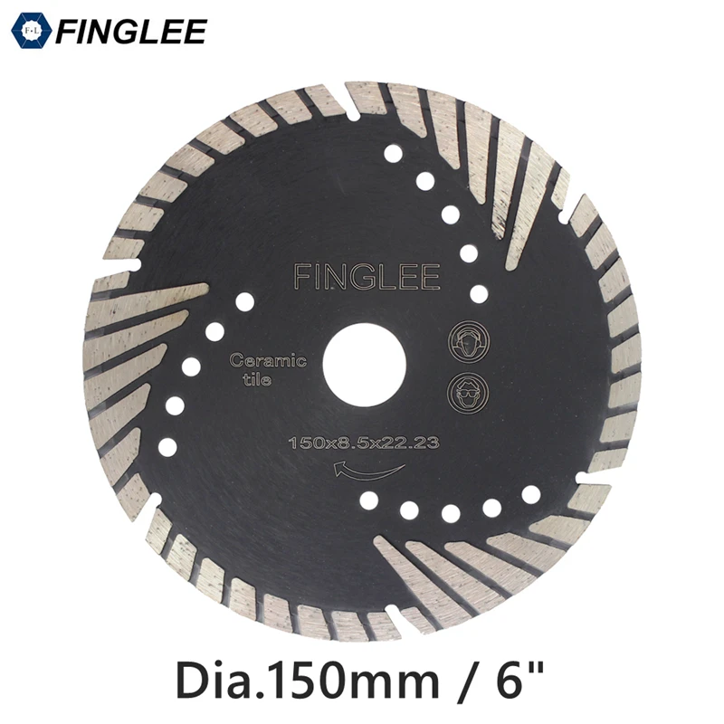 

FINGLEE 150mm/6inch Diamond Cutting Saw Blade,Turbo Teeth Slant Protection Cutting Disc for Concrete, Marble Granite Stone
