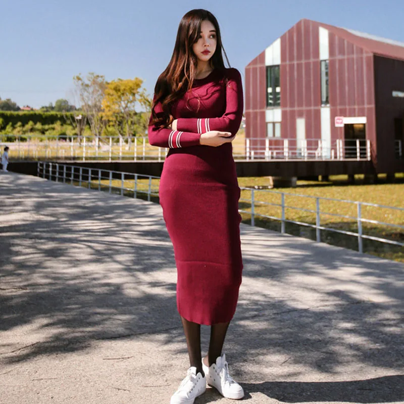 Весна Для женщин платья серии Полосатый Фитнес элегантный вязаный Платья