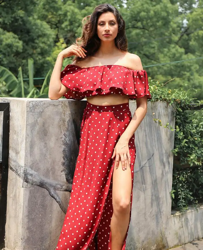 Модный женский комплект из 2 предметов в горошек укороченный топ с вырезом