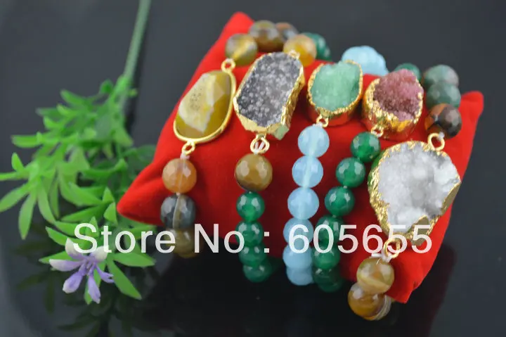 

Mix Bright Color Stone Round Beads Drusy Geode Crystal Quartz Charm Elastic Line Bracelets Fashion Woman Jewelry 5 pc per lot