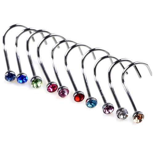 New Arrival 20Pcs Mixed Color Body Piercing Stainless Steel Rhinestone Nose Ring Bone Stud |