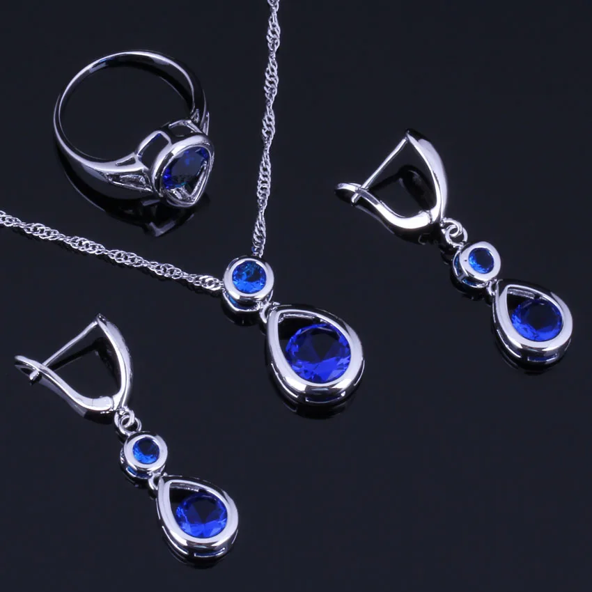

Magnificent Water Drop Blue Cubic Zirconia Silver Plated Jewelry Sets Earrings Pendant Chain Ring V0994