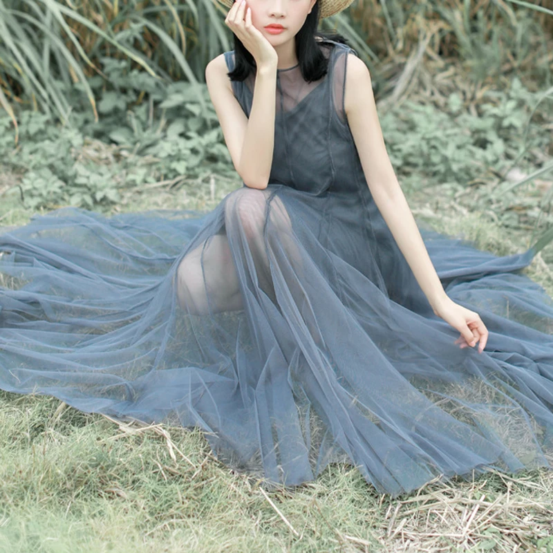 Платье PERHAPS U женское Сетчатое длинное сарафан с круглым вырезом без рукавов