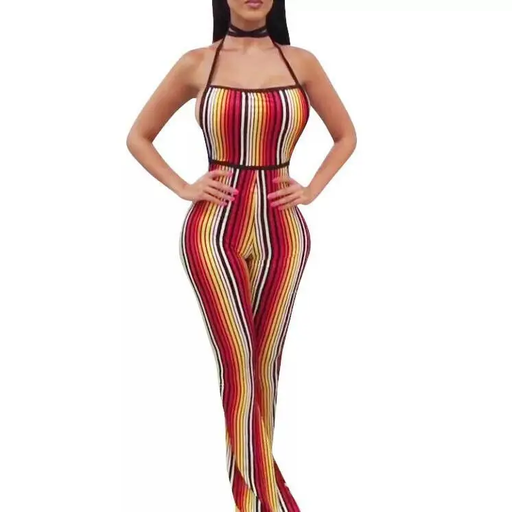 

Striped Colorful Print Women Sexy Rompers Strap Club Women Jumpsuits