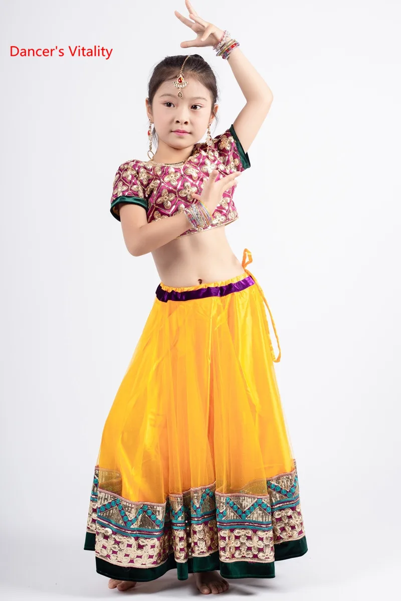 Child India Dance Suit Performance Clothes Girls Belly Tops+Skirt+Veil 3pcs Set For Kid's Stage Competition Costumes | Тематическая