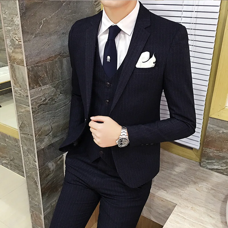 

Spring Trajes De Hombre De Vestir Elegantes Striped Slim Suit Three-piece Groom Suit