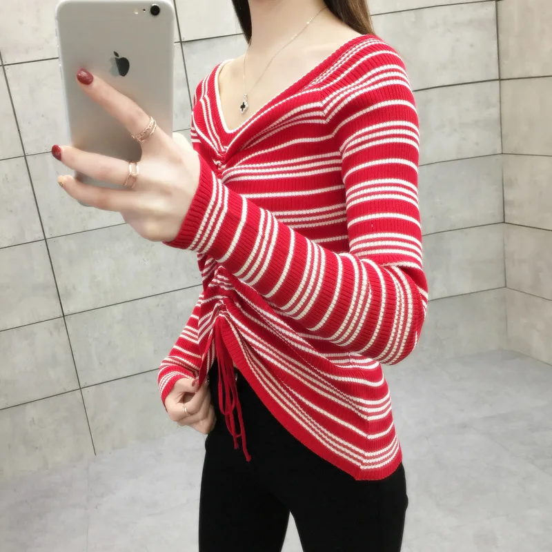 Sweater Women Autumn New Fashion Lady Loose Striped Knitted V-neck Pullover Bandage Elastic | Женская одежда