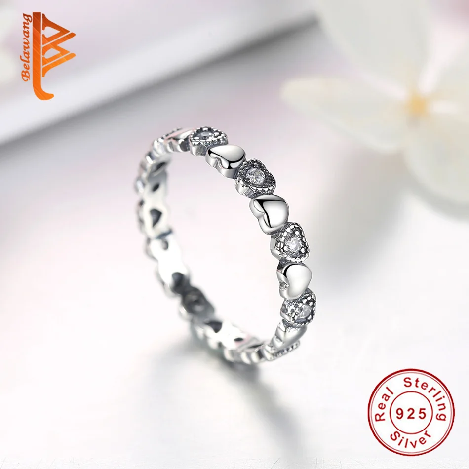 BELAWANG Подлинная кольцо из стерлингового серебра 925 Stackable сердце кристалл кольца на палец фианит для женщин украшения на свадьбу, годовщину Anel