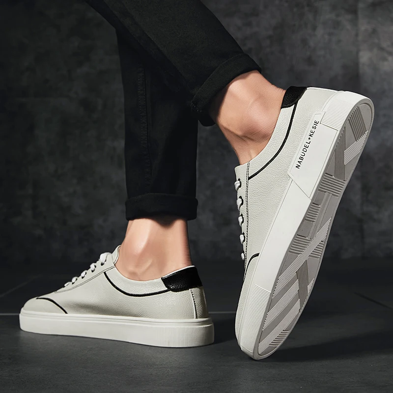 Skate Shoes for Male Black White Man Casual Autumn Winter Footwear Adult PU Leather Rubber Sole Classic | Обувь