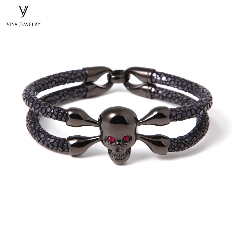 Мужской браслет из натуральной кожи с черным черепом|bracelets for|stingray braceletbracelet with |