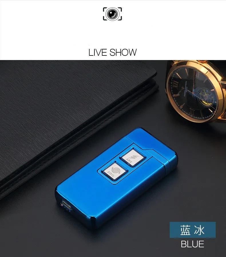 Новинка, 2 в 1, катушка, дуговая зажигалка, умная, Электронная, USB Зажигалка, двойного назначения, сенсорное, Индукционное зажигание, металлическая зажигалка для прикуривателя, mecheros - Цвет: blue