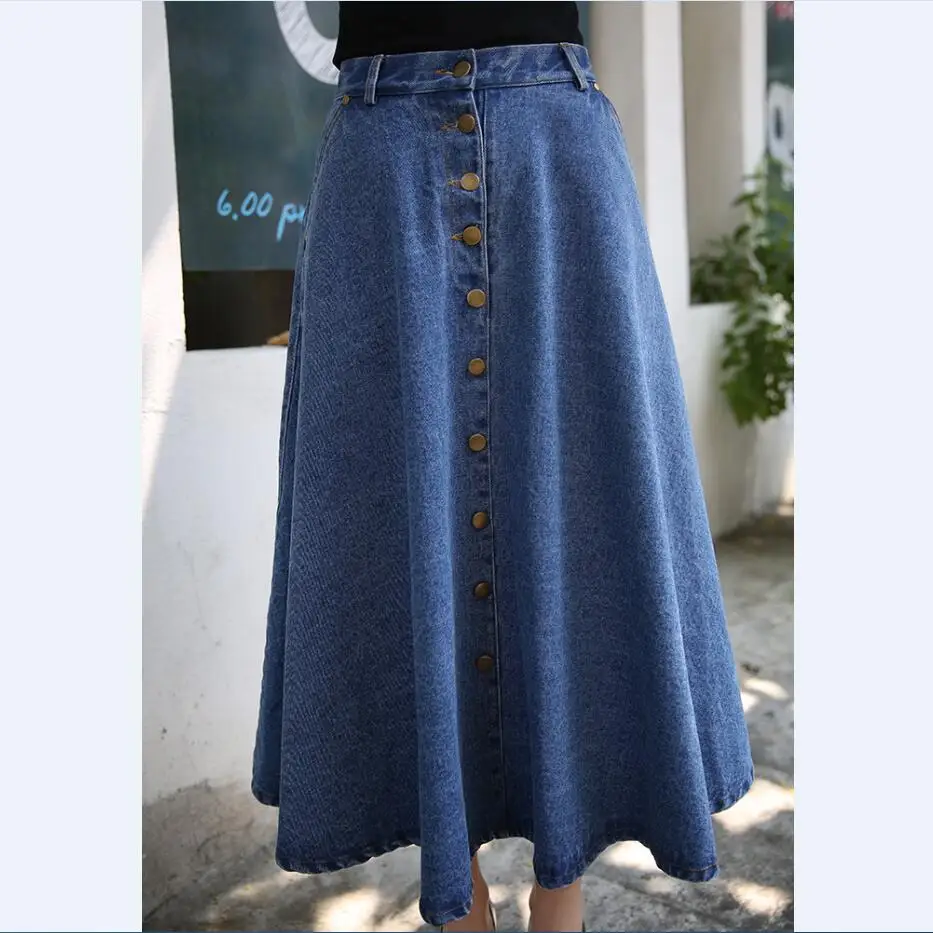 Light Blue HATCAT корейская джинсовая юбка бальное платье консервативный Стиль Женская однотонная длинная джинсовая юбка с высокой талией Женская Большой Подол Макси Плюс Размер - Цвет: Light Blue