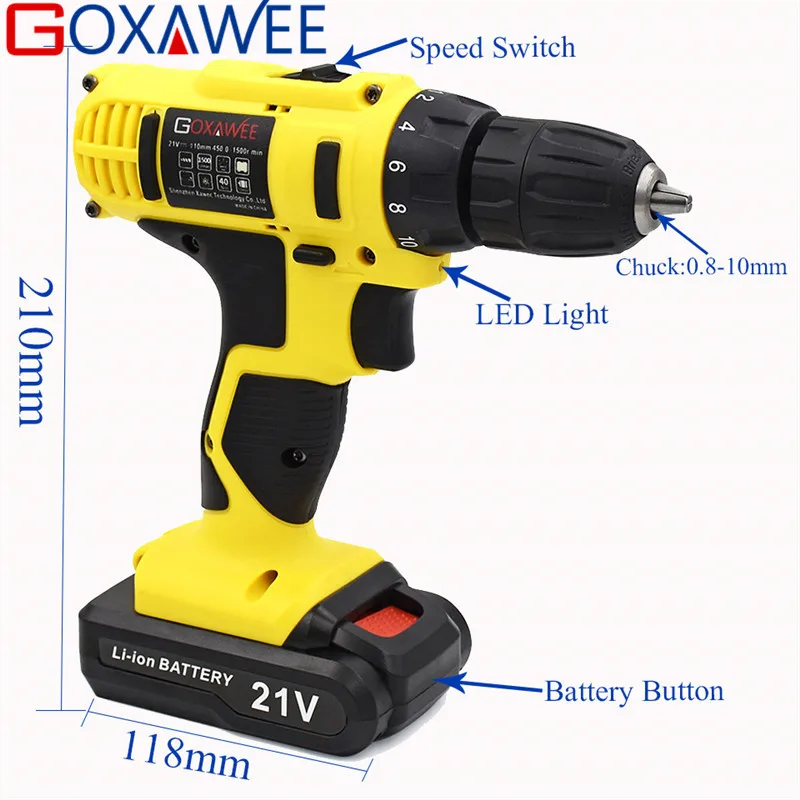 GOXAWEE 21 V/12 V/16,8 V электрический шуруповерт с перезаряжаемые литиевые батареи мини-дрель 2-Скорость Беспроводной Мощность инструмент