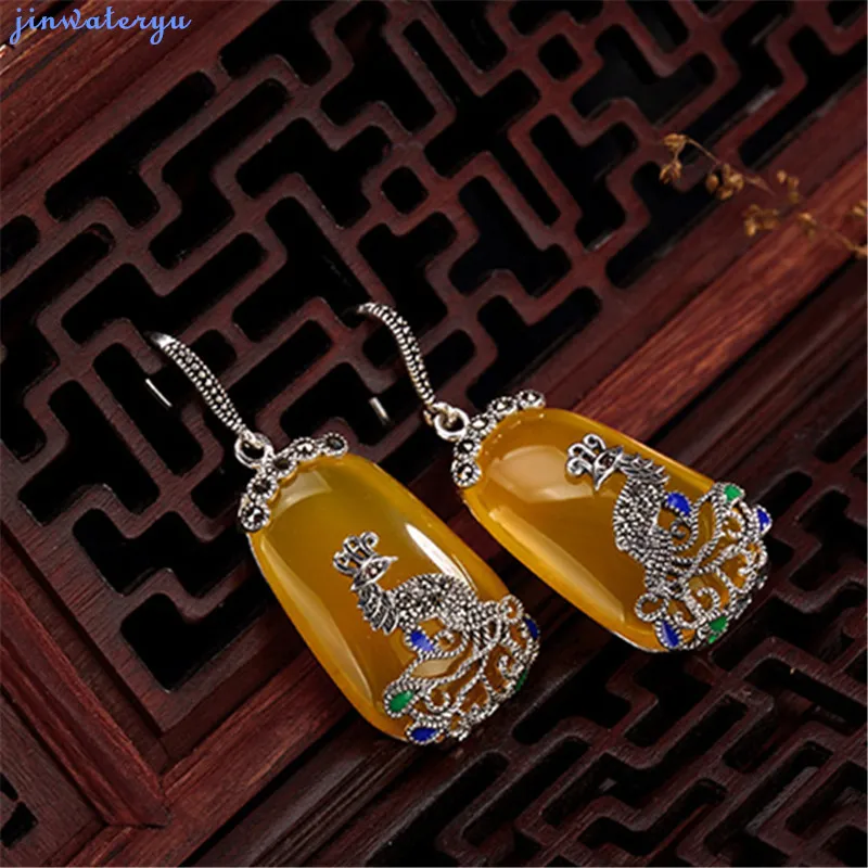 Jinwateryu, 925 пробы, silve earringsr, для женщин, девочек, висячие серьги с желтым камнем, халцедон и кубический циркон, серьги